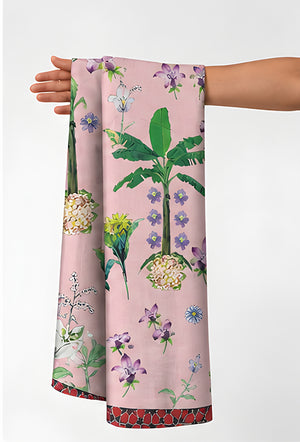 Blush Pink Garden Botanical chiffon held in hand for scale