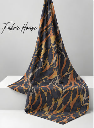 Tan Navy Abstract Animal Print chiffon draped to show fall