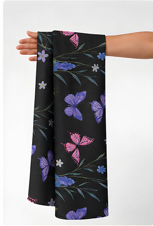 Black Blue Purple Botanical chiffon held in hand for scale