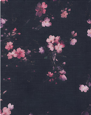 Black Delicate Pink Blossom chiffon, print close up