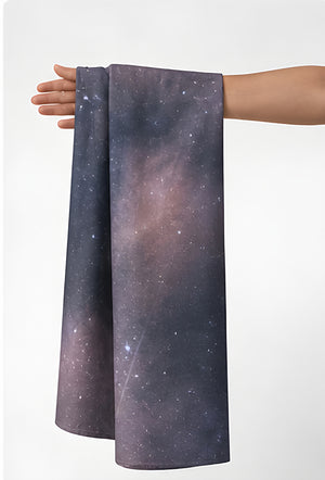 Midnight Cosmic Nebula chiffon held in hand for scale