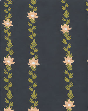 Dark Grey Vertical Floral Vines chiffon, print close up