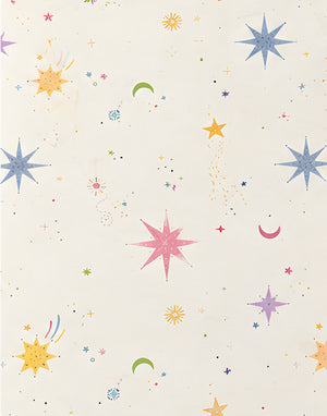 Ivory Pastel Stars and Suns poly-cotton, print close up