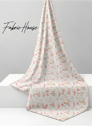 Cream Pink Illustrated Patchwork poly-cotton draped to show fall