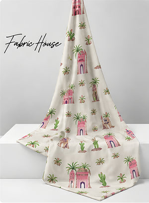 Pink Playful Illustrated Motifs silk draped to show drape and sheen