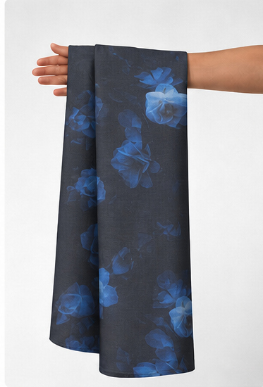 Navy Blue Watercolor Floral chiffon held in hand for scale