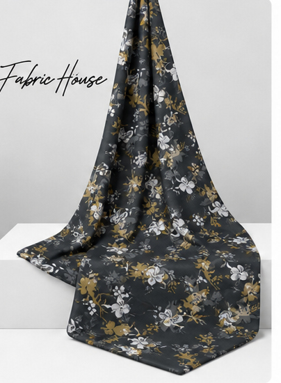 Black Botanical Floral Scatter chiffon draped to show fall