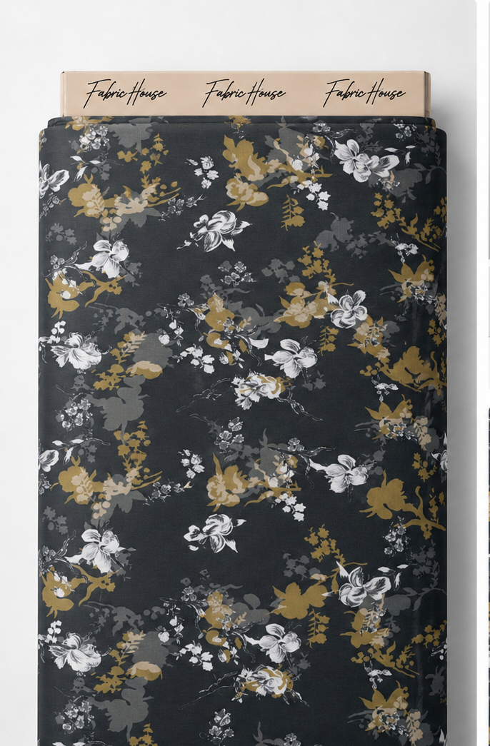 Black Botanical Floral Scatter chiffon full roll