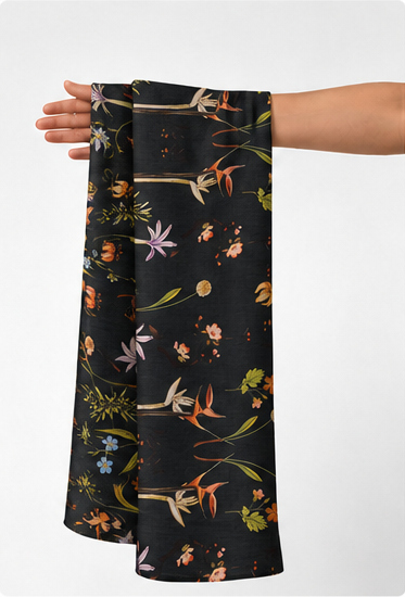 Black Multicolor Wildflower chiffon held in hand for scale