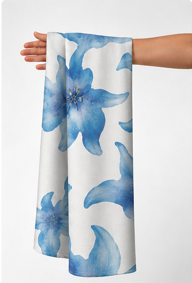 Sky Blue Lily Floral chiffon held in hand for scale