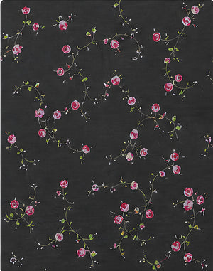 Black Tiny Pink Floral chiffon, print close up
