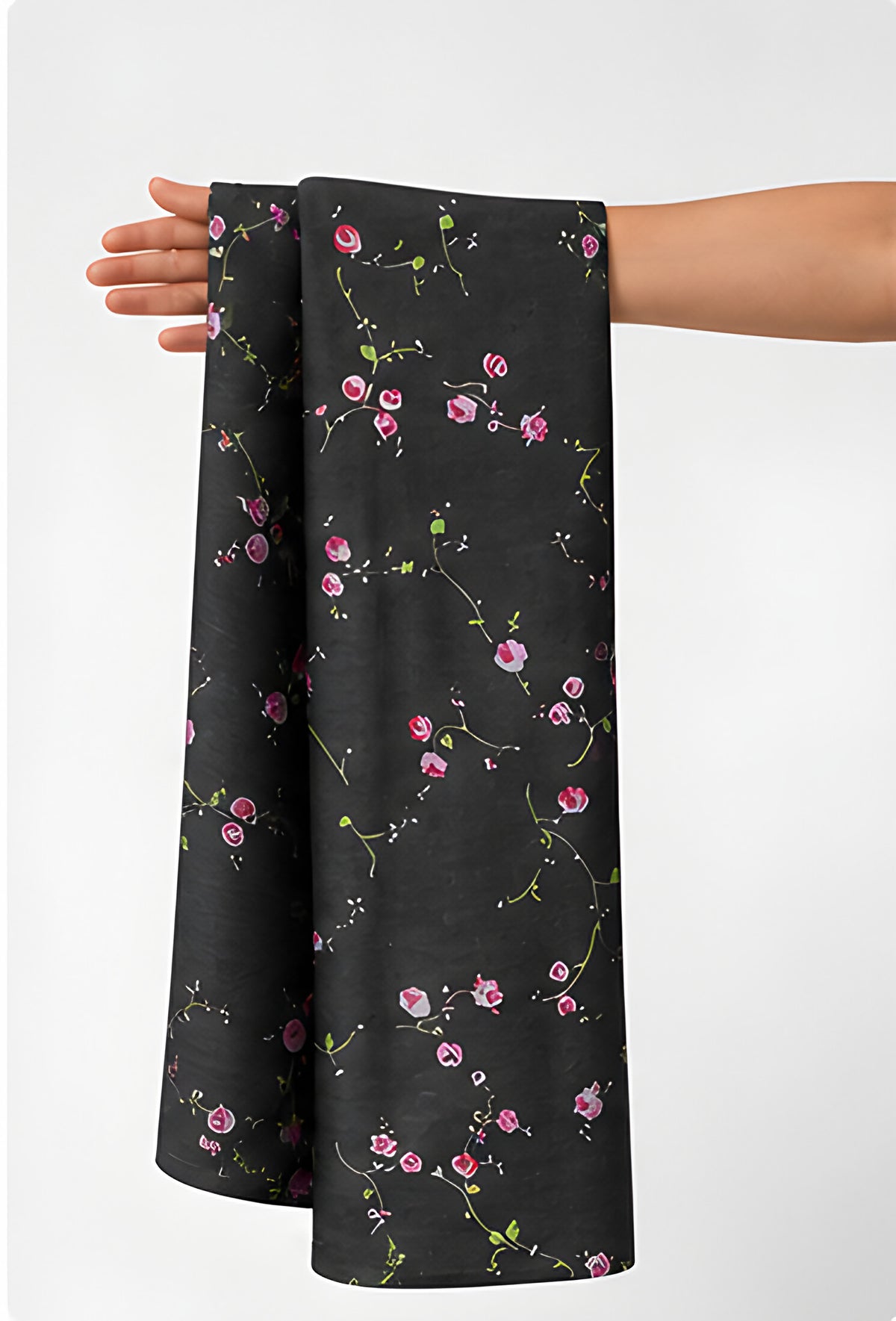 Black Tiny Pink Floral chiffon held in hand for scale