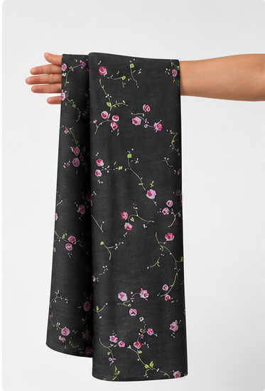 Black Tiny Pink Floral chiffon held in hand for scale