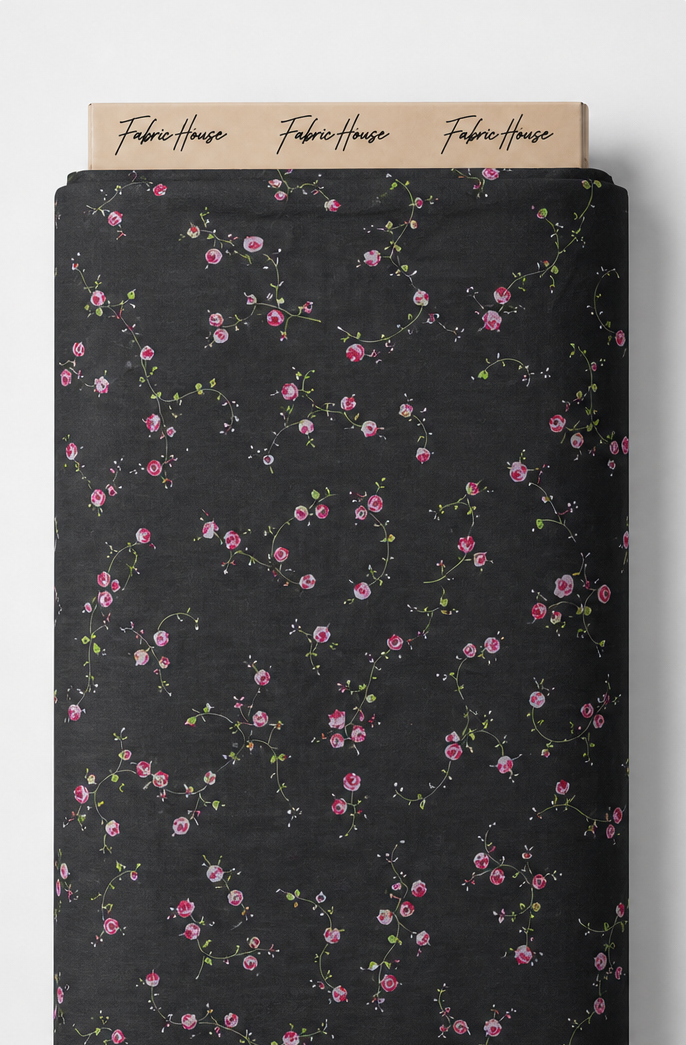 Black Tiny Pink Floral chiffon full roll
