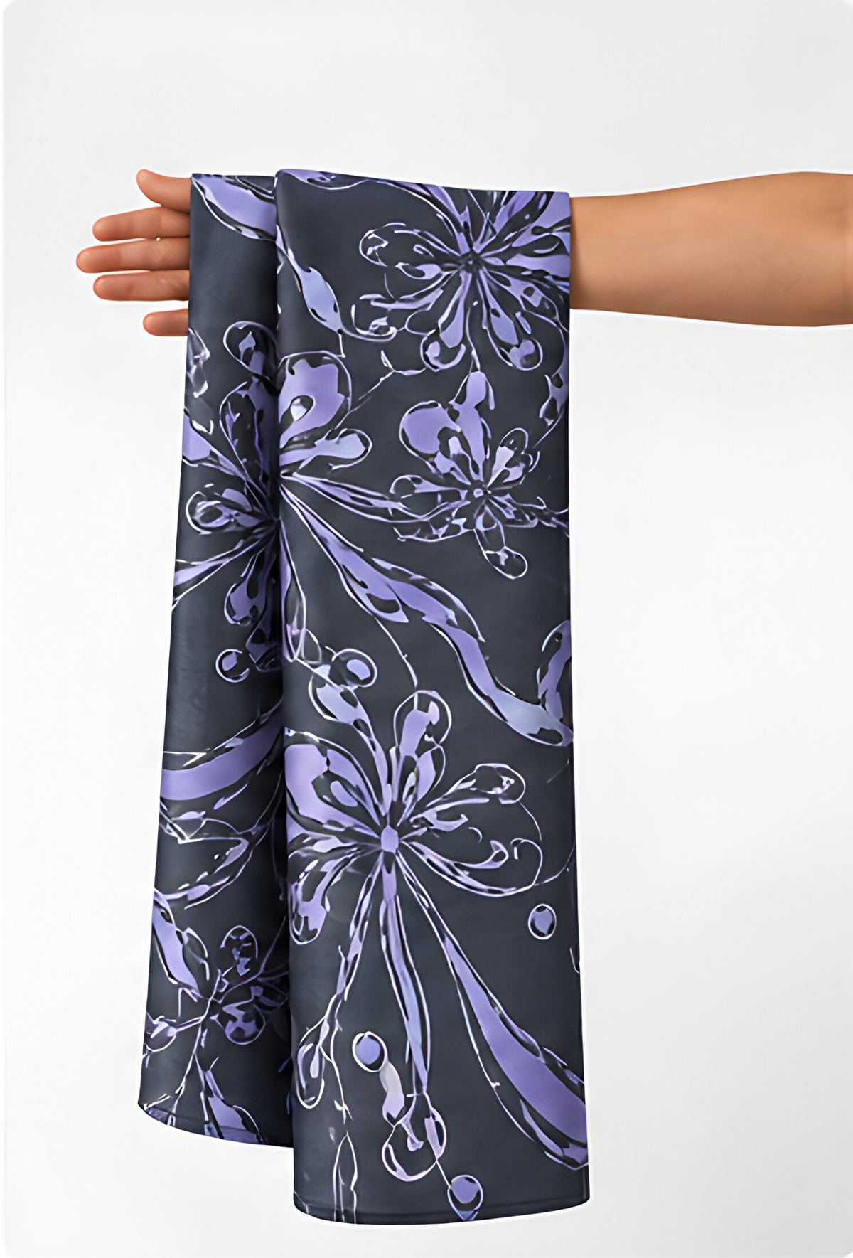 Indigo Ornamental Floral chiffon held in hand for scale