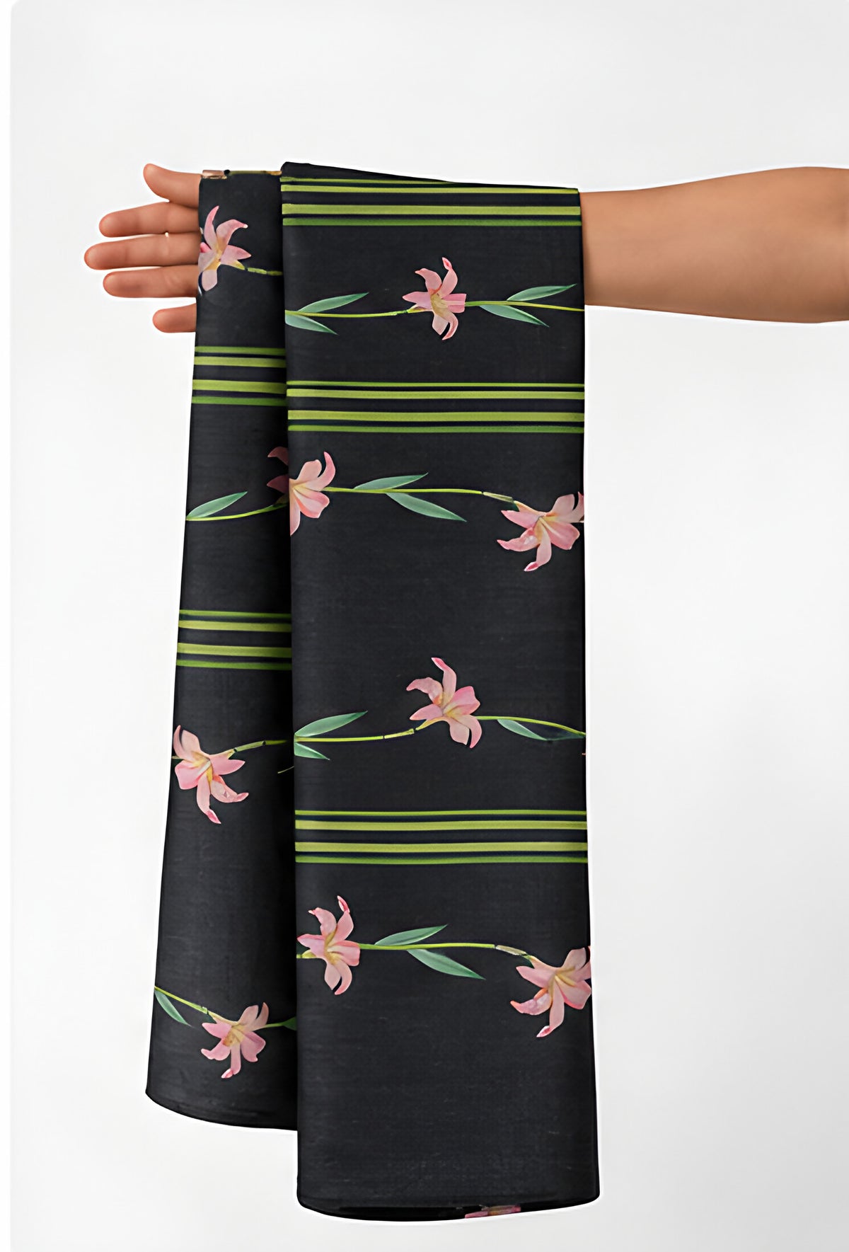 Black Pink Blossom Stripes chiffon held in hand for scale