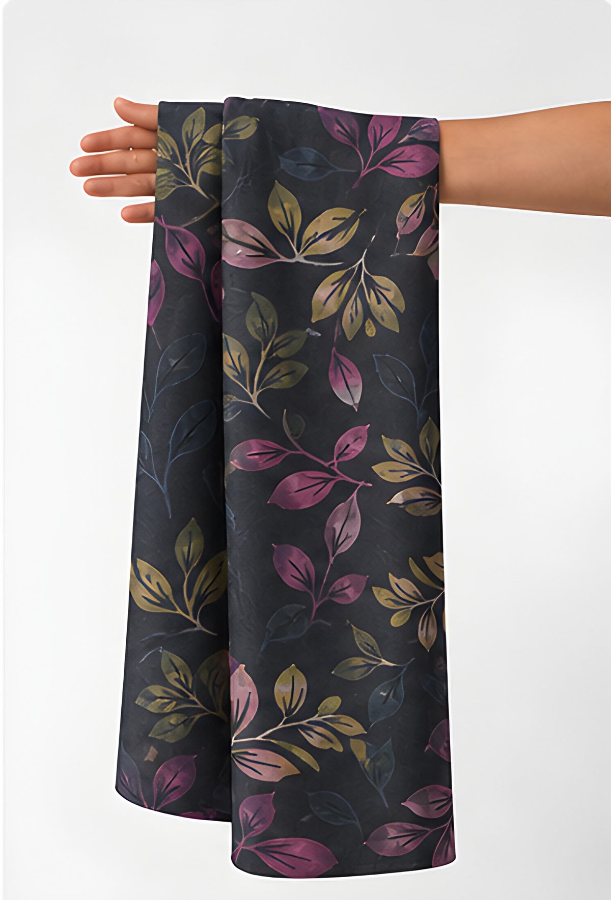 Dark Plum Vintage Botanical chiffon held in hand for scale