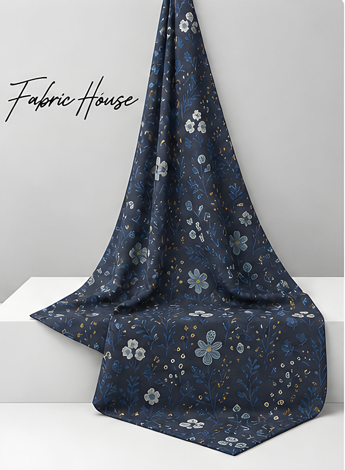 Midnight Blue Dainty Floral chiffon draped to show fall