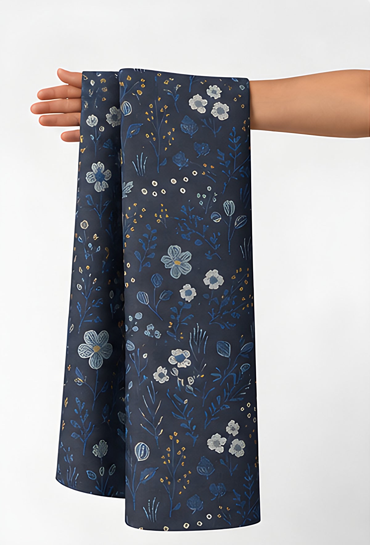 Midnight Blue Dainty Floral chiffon held in hand for scale