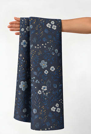 Midnight Blue Dainty Floral chiffon held in hand for scale
