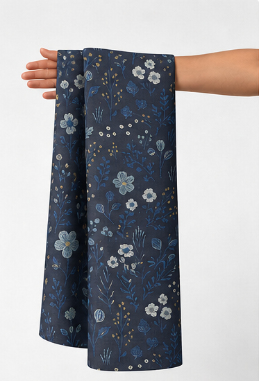 Midnight Blue Dainty Floral chiffon held in hand for scale