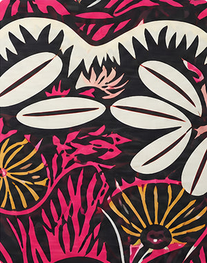 Black Pink Tropical Leaves chiffon, print close up