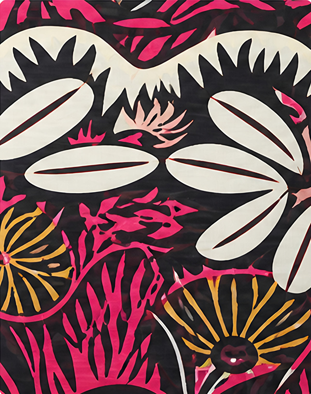Black Pink Tropical Leaves chiffon, print close up