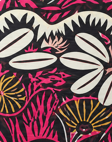 Black Pink Tropical Leaves chiffon, print close up
