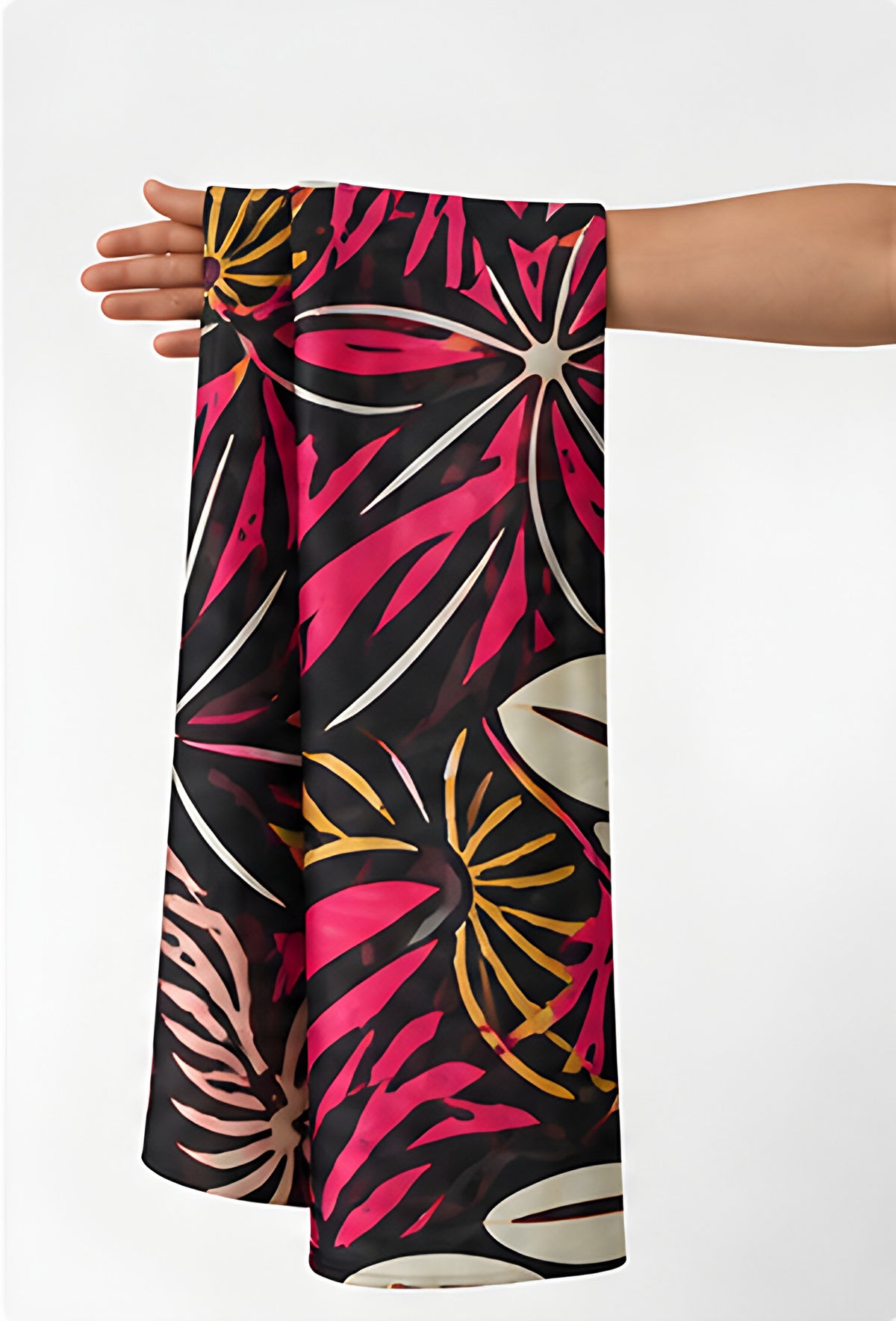 Black Pink Tropical Leaves chiffon held in hand for scale