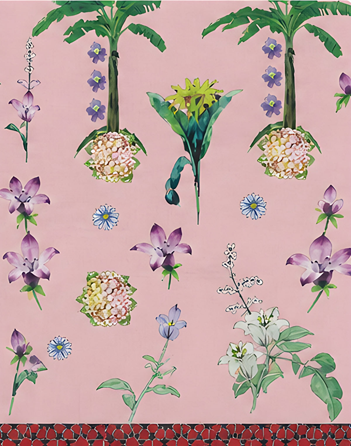 Blush Pink Garden Botanical chiffon, print close up