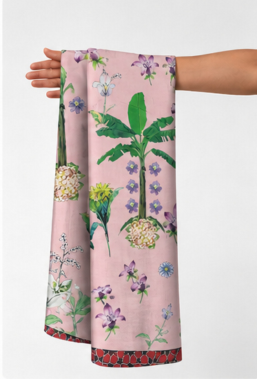 Blush Pink Garden Botanical chiffon held in hand for scale