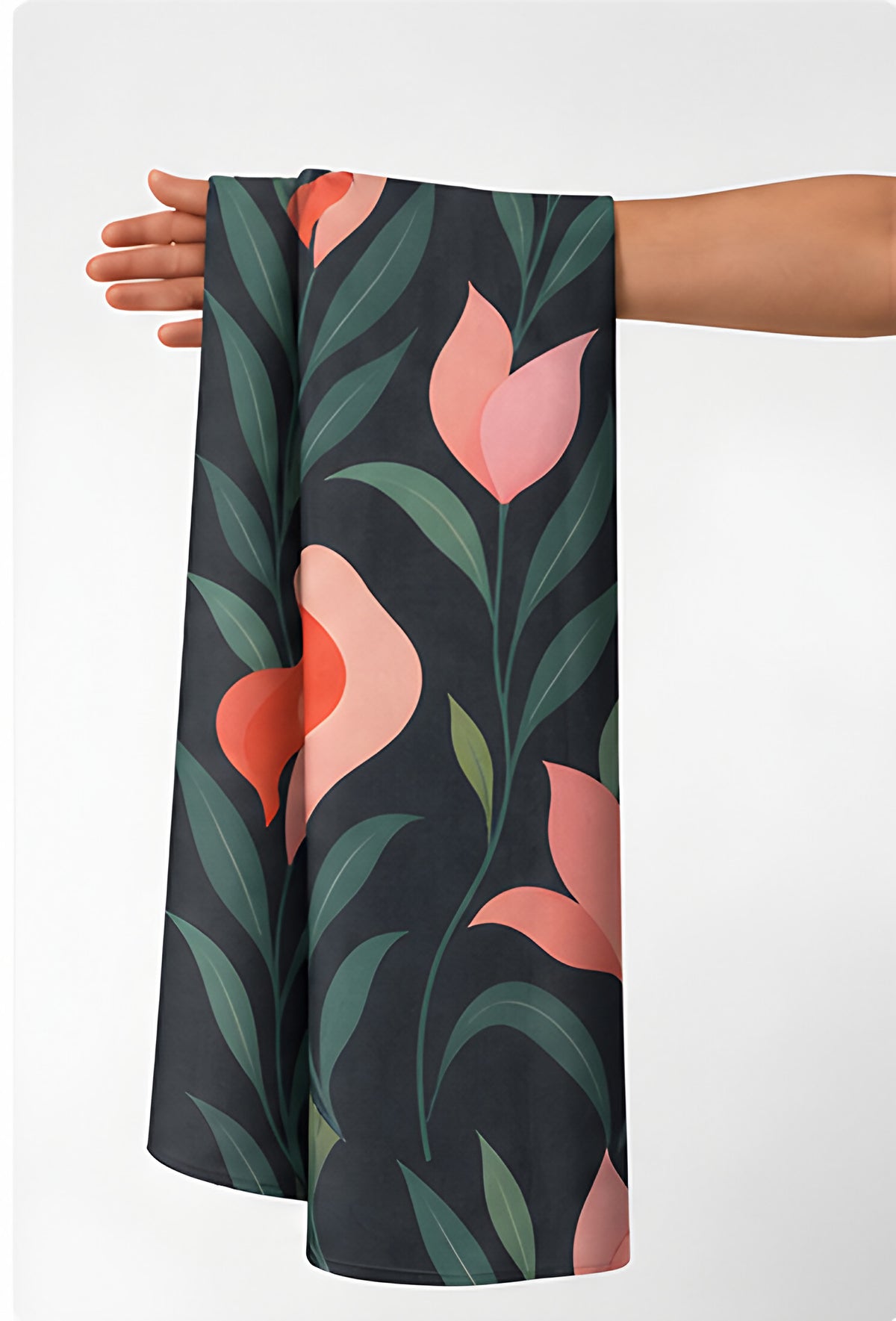 Black Coral Tulip Botanical chiffon held in hand for scale