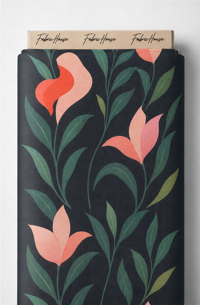 Black Coral Tulip Botanical chiffon full roll