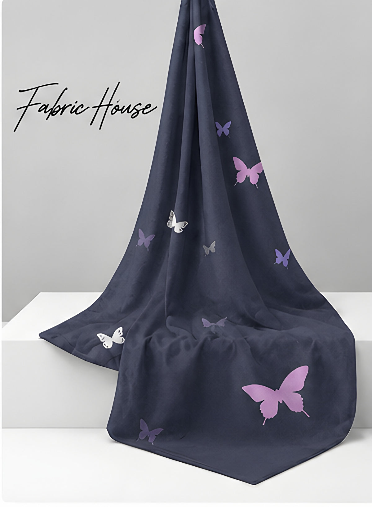Navy Lavender Butterfly chiffon draped to show fall