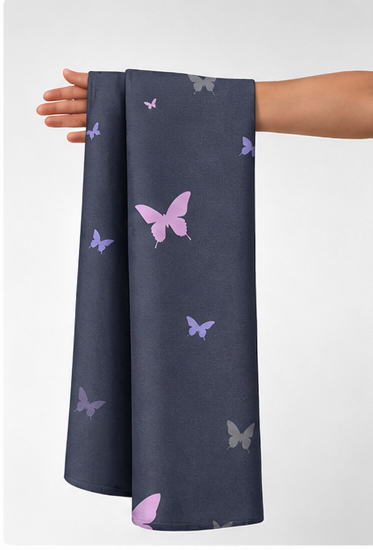 Navy Lavender Butterfly chiffon held in hand for scale