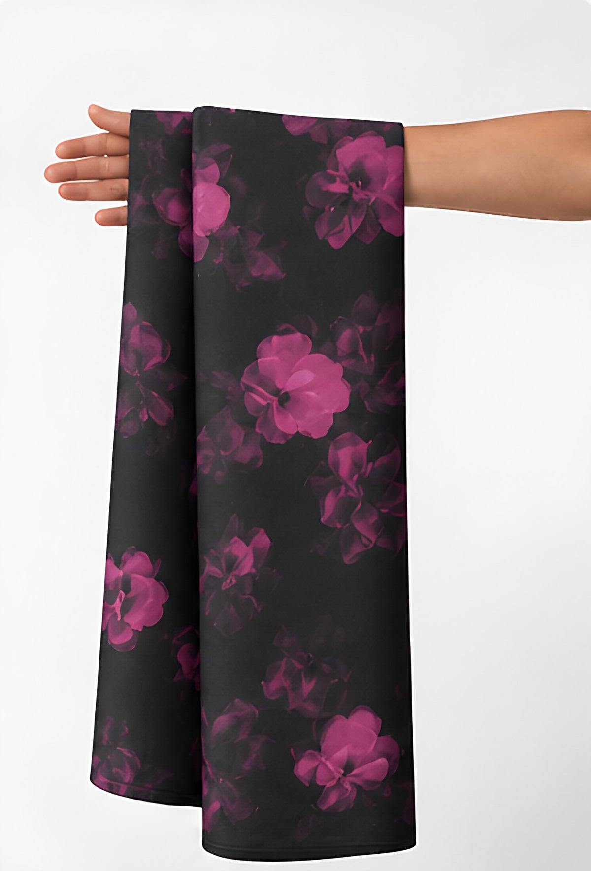 Black Fuchsia Rose Print chiffon held in hand for scale