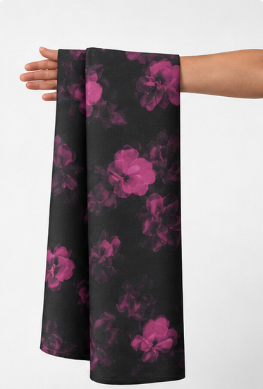Black Fuchsia Rose Print chiffon held in hand for scale