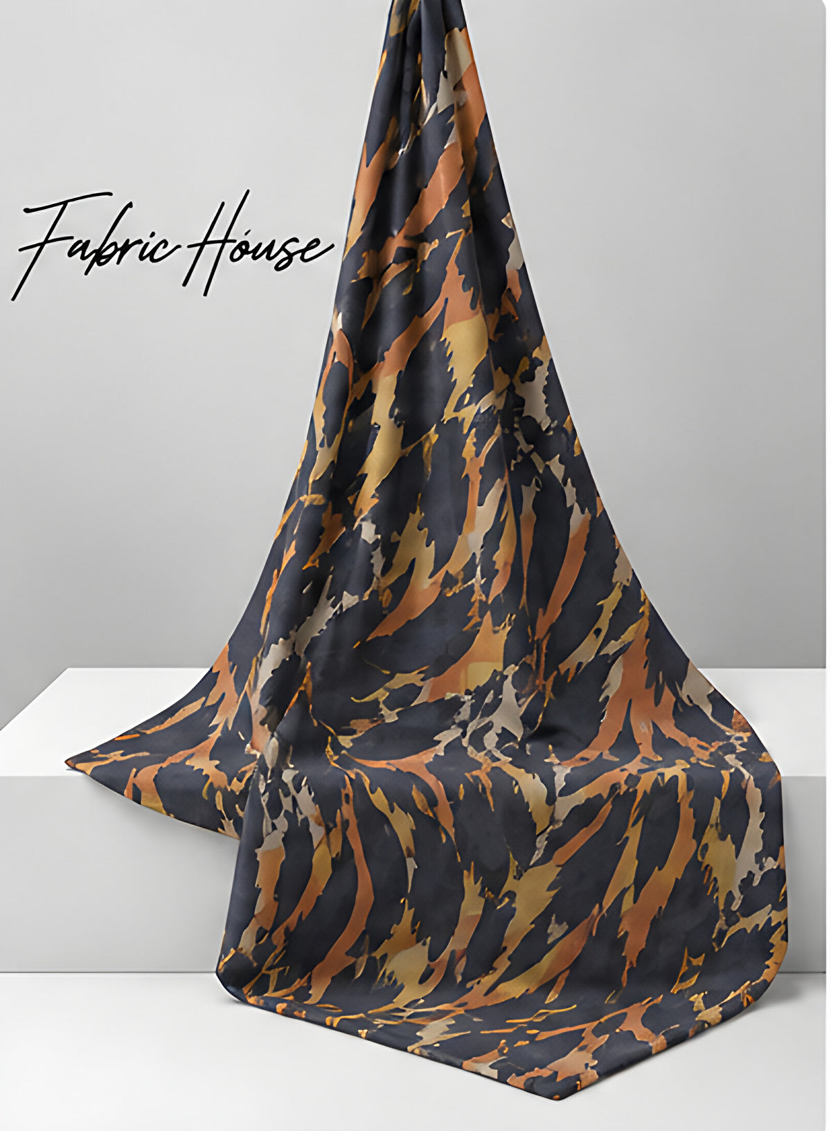 Tan Navy Abstract Animal Print chiffon draped to show fall