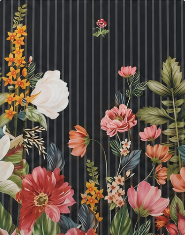 Black Vertical Floral Garden chiffon, print close up