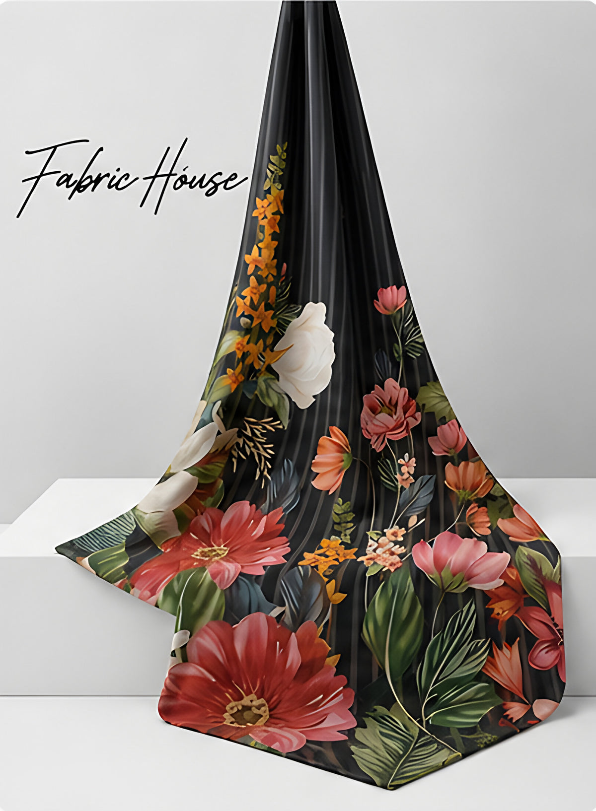 Black Vertical Floral Garden chiffon draped to show fall