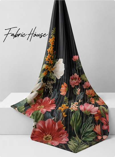 Black Vertical Floral Garden chiffon draped to show fall