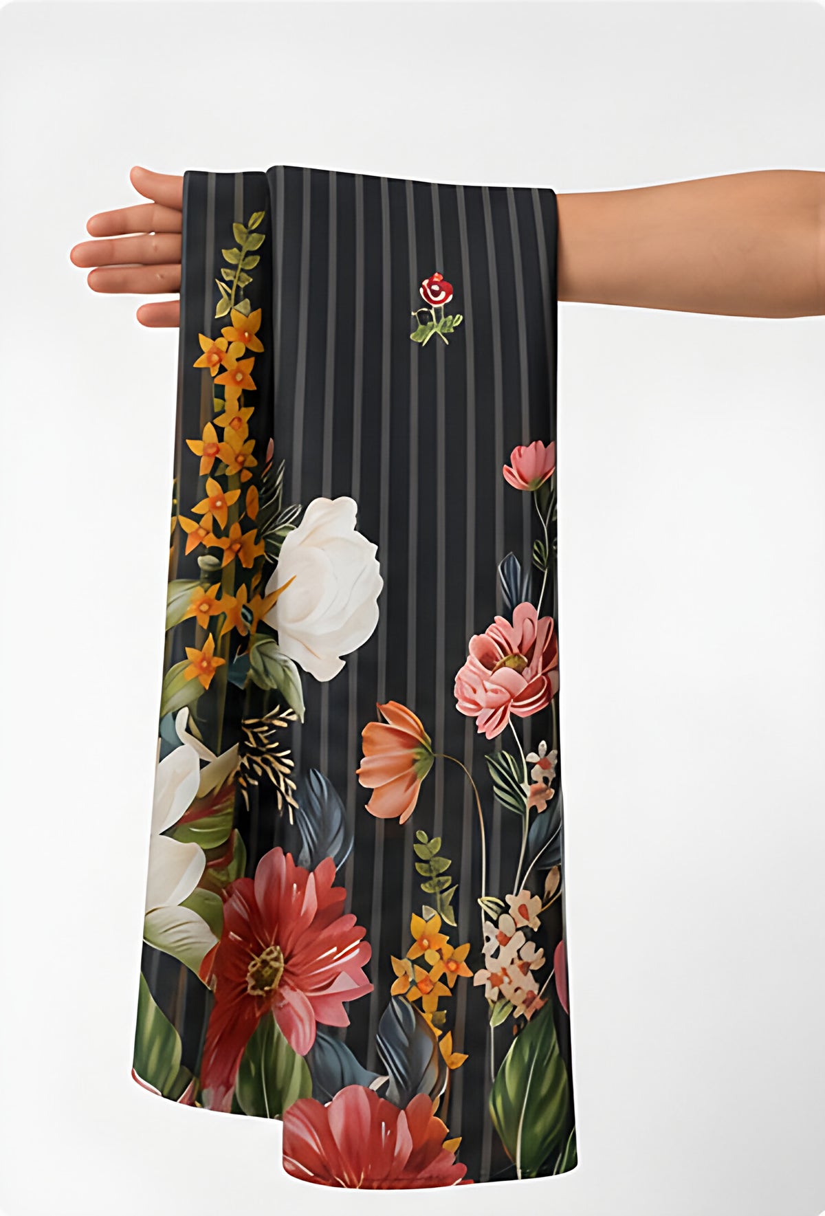 Black Vertical Floral Garden chiffon held in hand for scale