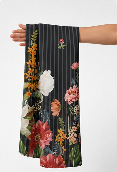 Black Vertical Floral Garden chiffon held in hand for scale
