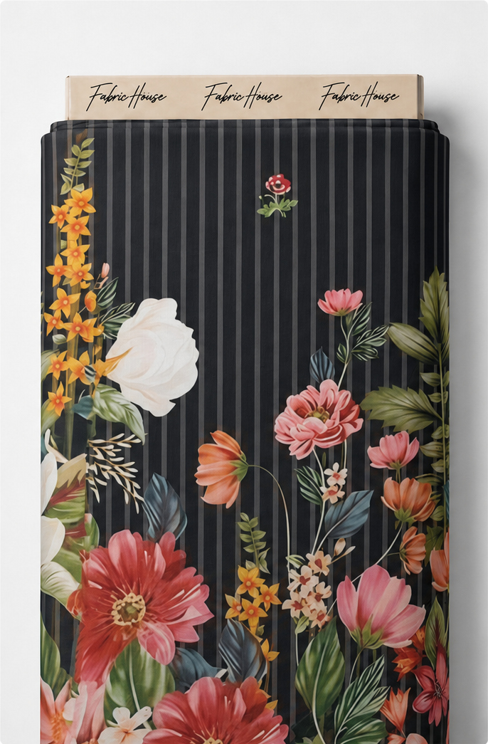 Black Vertical Floral Garden chiffon full roll