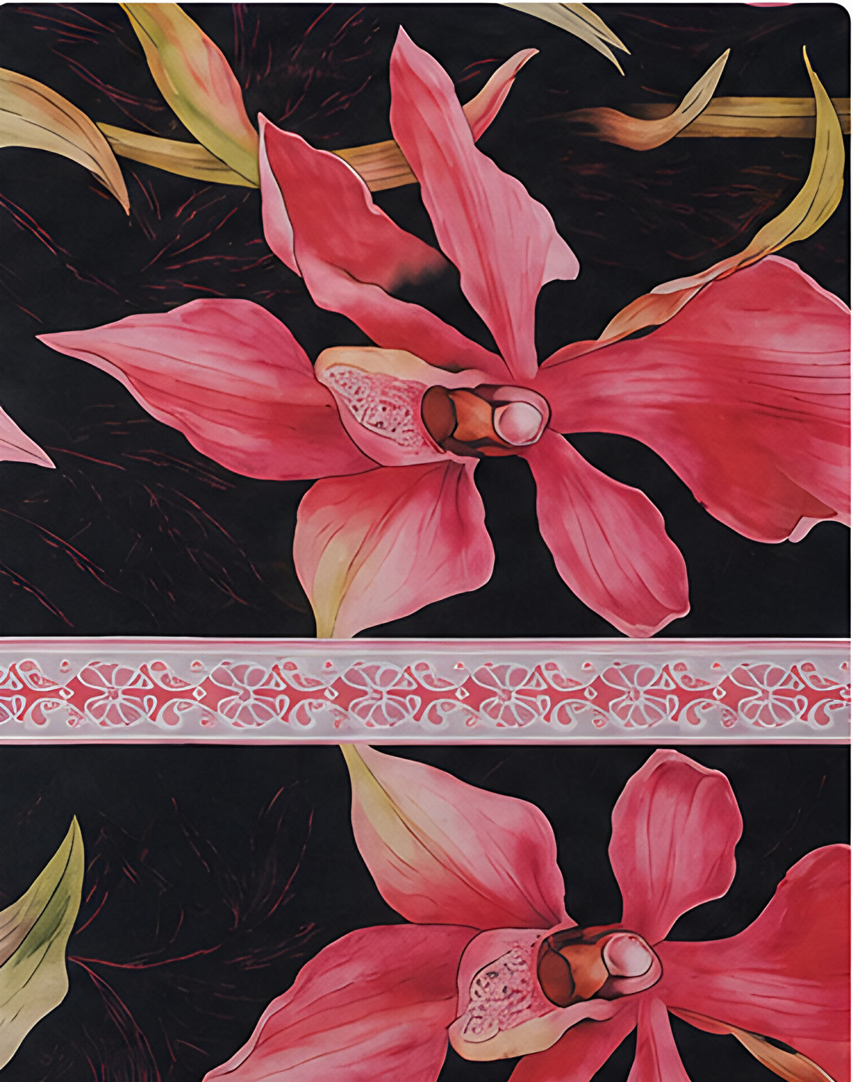 Black Pink Tropical Flower chiffon, print close up