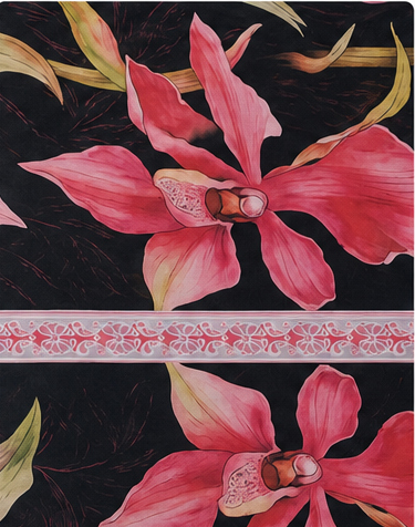 Black Pink Tropical Flower chiffon, print close up