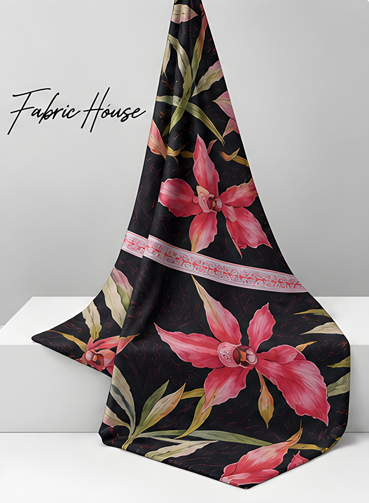 Black Pink Tropical Flower chiffon draped to show fall
