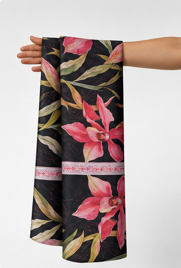 Black Pink Tropical Flower chiffon held in hand for scale
