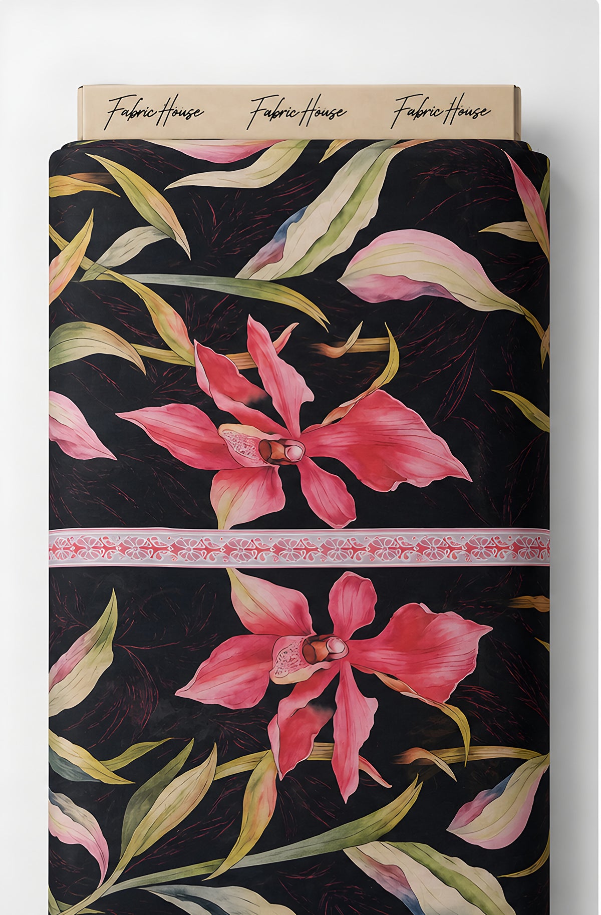 Black Pink Tropical Flower chiffon full roll