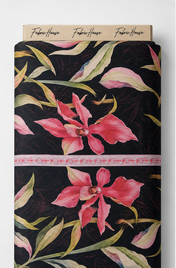 Black Pink Tropical Flower chiffon full roll